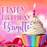 A vibrant birthday GIF featuring a rainbow-colored cupcake topped with white frosting, sprinkles, and a lit candle. The text reads 'Happy Birthday Brigitte' in bold pink and violet letters with white outline.