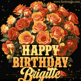 Animated bouquet of orange roses with moving butterfles and golden 'Happy Birthday Brigitte' text, surrounded by sparkling accents and a dark backdrop for a luxurious feel.