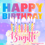 A vibrant animated name GIF with the words 'Happy Birthday Brigitte' with colorful candles on a creamy cake. The background sparkles with pastel shades, adding a festive touch.