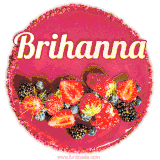 Beautifully decorated red velvet berry birthday cake with vibrant fruits and a glowing 'Brihanna' name, adding a touch of sweetness and sparkle.
