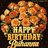 Animated bouquet of orange roses with moving butterfles and golden 'Happy Birthday Brihanna' text, surrounded by sparkling accents and a dark backdrop for a luxurious feel.