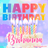 A vibrant animated name GIF with the words 'Happy Birthday Brihanna' with colorful candles on a creamy cake. The background sparkles with pastel shades, adding a festive touch.