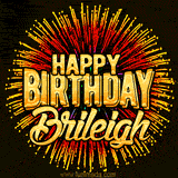 Golden 'Happy Birthday Brileigh' text accompanied by animated rainbow fireworks for a festive animated greeting.