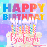 A vibrant animated name GIF with the words 'Happy Birthday Brileigh' with colorful candles on a creamy cake. The background sparkles with pastel shades, adding a festive touch.