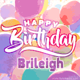 A vibrant name GIF featuring colorful balloons in shades of pink, orange, and yellow with the bold text 'Happy Birthday Brileigh' in festive fonts, creating a lively birthday vibe.