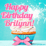 A festive cupcake with pink icing, a gingham bow, and a lit animated sparkler, paired with 'Happy Birthday Brilynn!' in bright pink text.