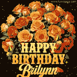 Animated bouquet of orange roses with moving butterfles and golden 'Happy Birthday Brilynn' text, surrounded by sparkling accents and a dark backdrop for a luxurious feel.