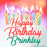 Bright birthday candles with rainbow flames on a cake, alongside the text 'Happy Birthday Brinkley' in vibrant script in this celebratory animated GIF.