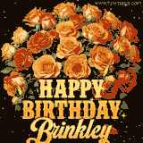 Animated bouquet of orange roses with moving butterfles and golden 'Happy Birthday Brinkley' text, surrounded by sparkling accents and a dark backdrop for a luxurious feel.