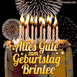 A chocolate birthday cake with glowing candles, the German text 'Alles Gute zum Geburtstag Brinlee,' and vibrant fireworks lighting up the background in an animated GIF.