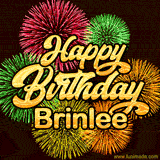 Golden text reading 'Happy Birthday Brinlee' surrounded by vibrant fireworks in red, green, and yellow, set against a dark background in this celebratory birthday GIF.