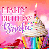 A vibrant birthday GIF featuring a rainbow-colored cupcake topped with white frosting, sprinkles, and a lit candle. The text reads 'Happy Birthday Brinlee' in bold pink and violet letters with white outline.