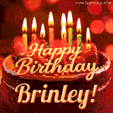 Beautifully decorated red velvet berry birthday cake with vibrant fruits and a glowing 'Brinley' name, adding a touch of sweetness and sparkle.