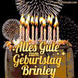 A chocolate birthday cake with glowing candles, the German text 'Alles Gute zum Geburtstag Brinley,' and vibrant fireworks lighting up the background in an animated GIF.