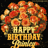 Animated bouquet of orange roses with moving butterfles and golden 'Happy Birthday Brinley' text, surrounded by sparkling accents and a dark backdrop for a luxurious feel.