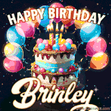 Bright birthday animation for Brinley with a chocolate cake, candles, balloons, and glowing celebratory lights.