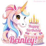 An adorable animated unicorn with soft pastel colors sits beside a birthday cake with glowing candles, and a pink 'Happy Birthday Brinley!' words.