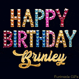Vibrant luxury birthday greeting card for Brinley, showing glittering gemstone letters and golden calligraphy on a dark background with twinkling shine effects.