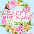A charming animated GIF featuring 'Happy Birthday Brinley' in pink and green text, surrounded by delicate roses, leaves, and fluttering butterflies on a soft light blue pastel background.