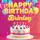 Pink-themed animated greeting with balloons, confetti, and a frosted cake under the message 'Happy Birthday Brinley' in bold rounded yellow font.