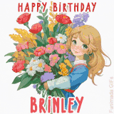 Bright floral birthday animation for Brinley showing a cute cartoon girl with golden hair and expressive eyes holding a huge bouquet, surrounded by birthday text.