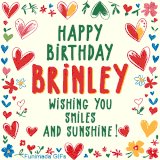 A colorful animated card for Brinley’s birthday featuring playful hearts, cheerful flowers, and a handwritten message wishing smiles and sunshine.