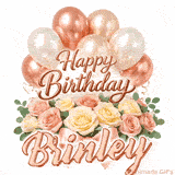 Beautiful pink and peach roses with gently moving Happy Birthday Brinley text
