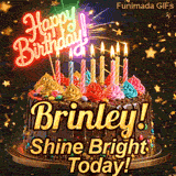 An animated birthday card featuring a detailed chocolate cake under falling gold dust, personalized for Brinley.
