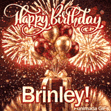 An animated birthday card with a luxury red present and shiny metallic balloons, custom-made for Brinley.