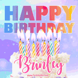 A vibrant animated name GIF with the words 'Happy Birthday Brinley' with colorful candles on a creamy cake. The background sparkles with pastel shades, adding a festive touch.