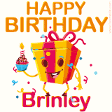 A vibrant and funny gift box character with a happy face dancing with a cupcake and the text 'Happy Birthday Brinley,' surrounded by animated confetti and party vibes.