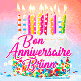 A white birthday cake covered in colorful sprinkles, topped with bright candles, and French text 'Bon Anniversaire Brinn' on a pastel gradient background in an animated GIF.