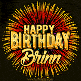 Golden 'Happy Birthday Brinn' text accompanied by animated rainbow fireworks for a festive animated greeting.