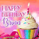 A vibrant birthday GIF featuring a rainbow-colored cupcake topped with white frosting, sprinkles, and a lit candle. The text reads 'Happy Birthday Brinn' in bold pink and violet letters with white outline.