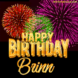 A golden 'Happy Birthday Brinn' message with vibrant fireworks in the background, creating a festive and celebratory vibe in this animated name GIF.