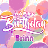 A vibrant name GIF featuring colorful balloons in shades of pink, orange, and yellow with the bold text 'Happy Birthday Brinn' in festive fonts, creating a lively birthday vibe.