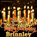 A glowing personalized birthday GIF with name Brinnley featuring lit candles with intricate designs, warm lighting, and the text 'Happy Birthday' in an elegant font.