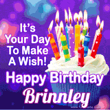 A colorful birthday GIF for Brinnley featuring a cupcake with vibrant lit candles and the text 'It's Your Day to Make a Wish! Happy Birthday Brinnley' in bold letters on a festive purple background.
