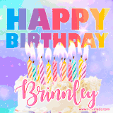A vibrant animated name GIF with the words 'Happy Birthday Brinnley' with colorful candles on a creamy cake. The background sparkles with pastel shades, adding a festive touch.