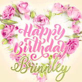A stunning heart made of pink roses surrounds the elegant script text 'Happy Birthday Brinnley' on a soft beige background. Animated sparkles add a magical and festive feel.