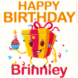A vibrant and funny gift box character with a happy face dancing with a cupcake and the text 'Happy Birthday Brinnley,' surrounded by animated confetti and party vibes.