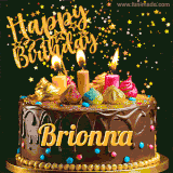 A delightful chocolate birthday cake with bright candles and 'Happy Birthday Brionna' written in gold amidst a shower of animated stars.