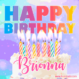A vibrant animated name GIF with the words 'Happy Birthday Brionna' with colorful candles on a creamy cake. The background sparkles with pastel shades, adding a festive touch.