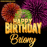 A golden 'Happy Birthday Briony' message with vibrant fireworks in the background, creating a festive and celebratory vibe in this animated name GIF.