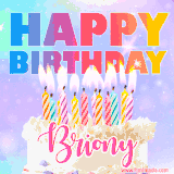 A vibrant animated name GIF with the words 'Happy Birthday Briony' with colorful candles on a creamy cake. The background sparkles with pastel shades, adding a festive touch.