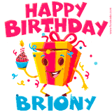 A vibrant and funny gift box character with a happy face dancing with a cupcake and the text 'Happy Birthday Briony,' surrounded by animated confetti and party vibes.