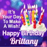 A colorful birthday GIF for Brittany featuring a cupcake with vibrant lit candles and the text 'It's Your Day to Make a Wish! Happy Birthday Brittany' in bold letters on a festive purple background.