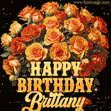 Animated bouquet of orange roses with moving butterfles and golden 'Happy Birthday Brittany' text, surrounded by sparkling accents and a dark backdrop for a luxurious feel.