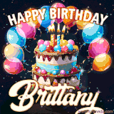 Bright birthday animation for Brittany with a chocolate cake, candles, balloons, and glowing celebratory lights.