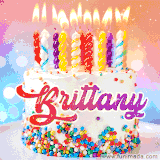 A cheerful white birthday cake with multicolor sprinkles, lit candles, and 'Brittany' written in vibrant letters, in an animated GIF.
